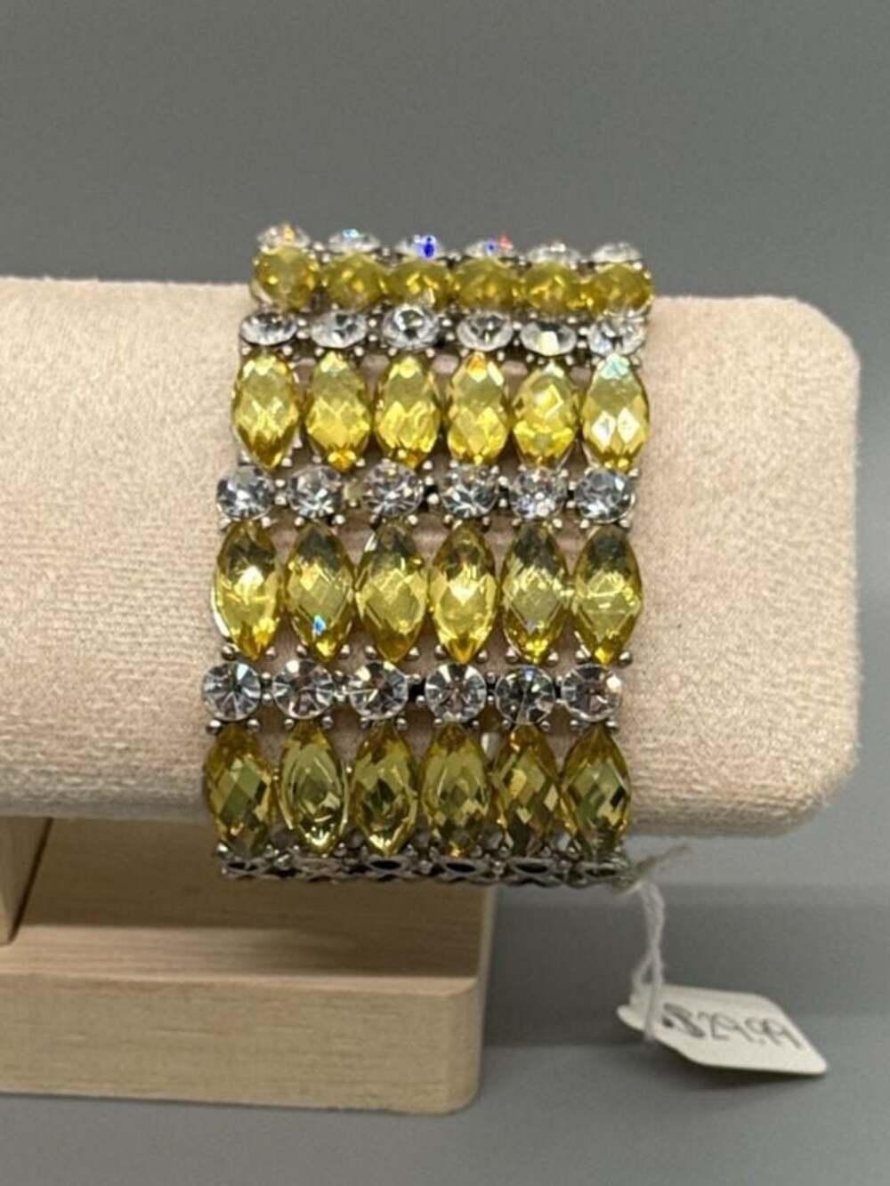 Wide Multi Row Statement Stretch Bracelet Yellow Acrylic Gemstone & Rhinestone